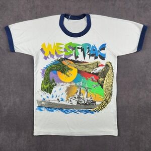 Vintage WestPac USS Arkansas‎ Shirt Mens Medium White Ringer Navy Dragon 80s Tee